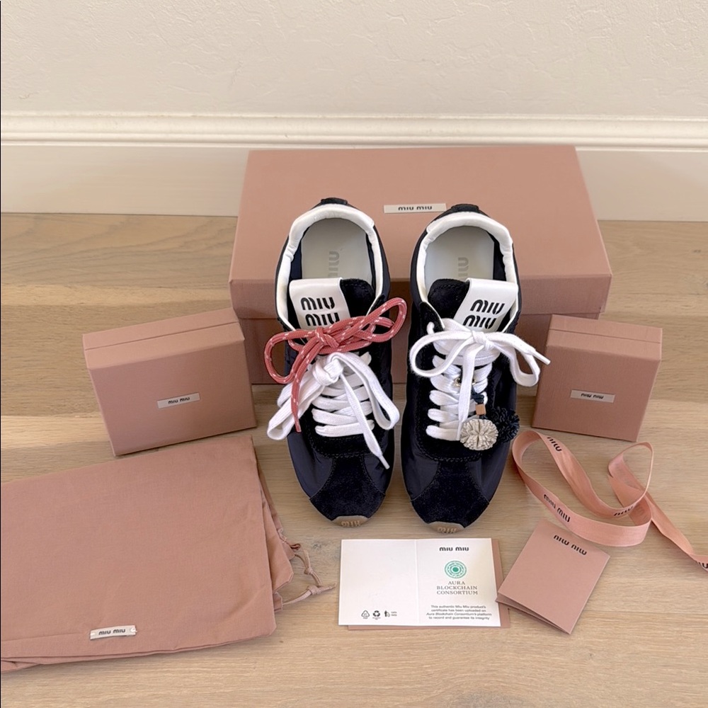 Miu Miu Plume Technical fabric and Suede Navy Sneakers 37 with charms and laces